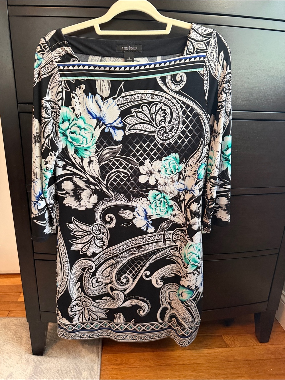White House Black Market Black Floral Paisley Midi Dress with Teal Accents